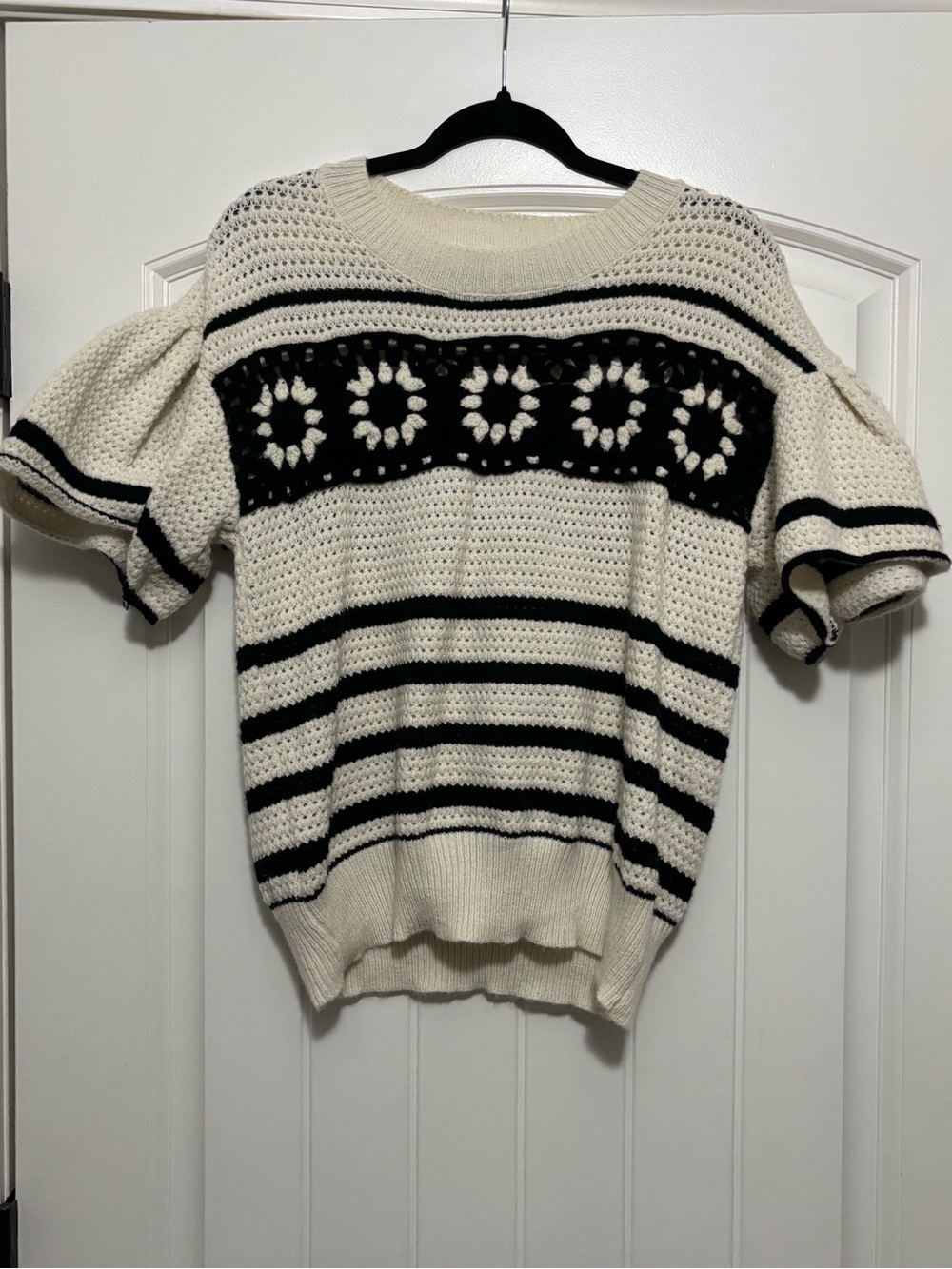 BiBi Cream and Black Crochet Stripe Puff Sleeve Top